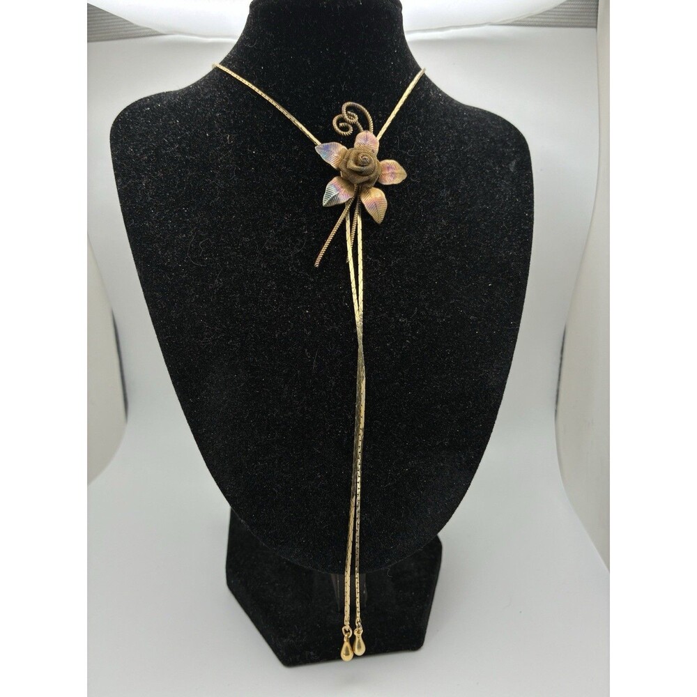 Gold/Copper Tone Flower Charm Pendant Lariat Necklace Adjustable Bolo Chain VTG